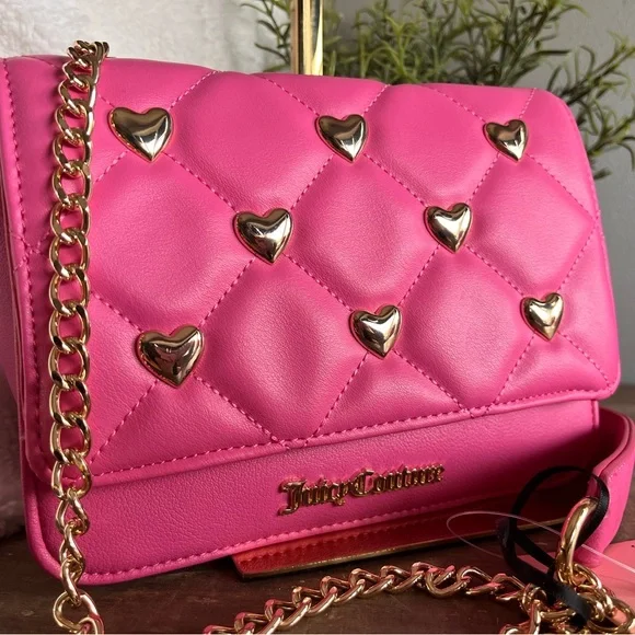 Juicy Couture Colorful Love Quilted Heart Stud Flap Crossbody Bag Pink NWT - Picture 4 of 6